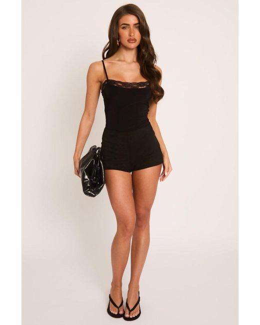 Rebellious Fashion Black Slinky Lace Trim Bodysuit