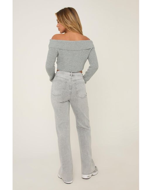 Rebellious Fashion Gray Light Stretch Straight Leg Frayed Hem Jeans