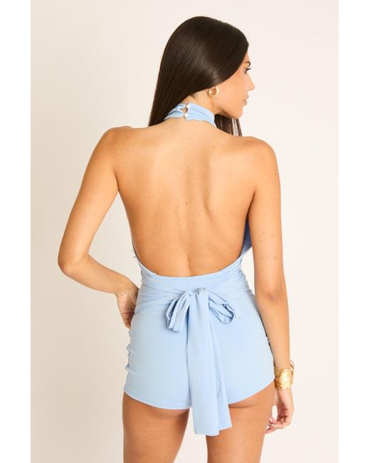Rebellious Fashion Blue Tie Detail Ruched Halter Playsuit