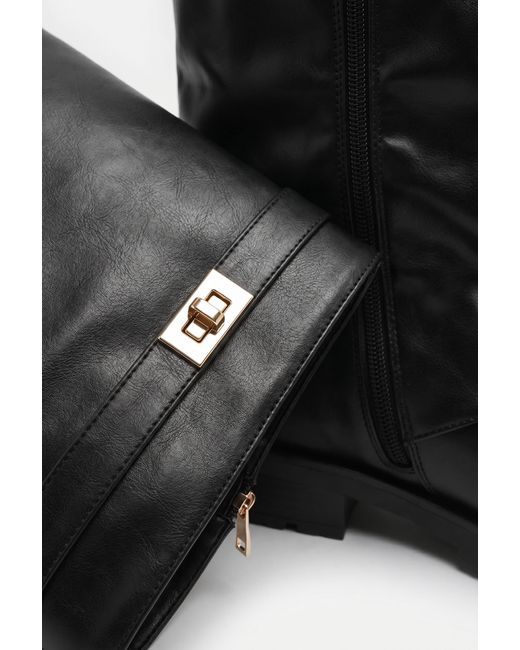 Rebellious Fashion Black Pu Trim Detail Layered Chunky Knee High Biker Boots