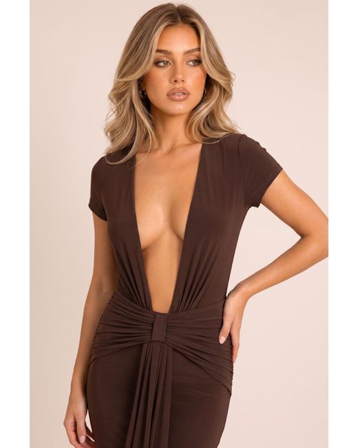 Rebellious Fashion Natural Plunge Drape Short Sleeve Maxi Dress