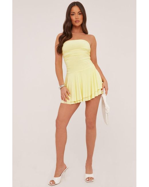 Rebellious Fashion Yellow Bandeau Ruched Skater Mini Dress