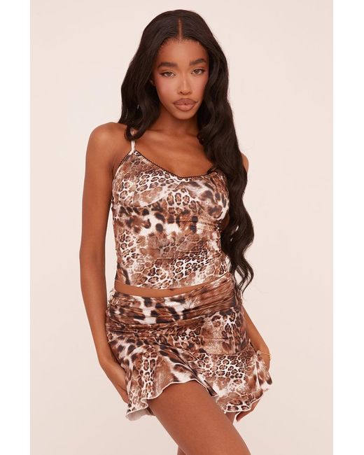 Rebellious Fashion Brown Leopard Print Lace Trim Cropped Top & Mini Skirt Co-Ord Set