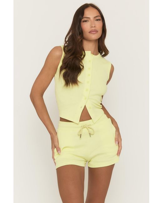 Rebellious Fashion Yellow Sleeveless Button Front Rib Top And Short Loungewear Co-Ord Set