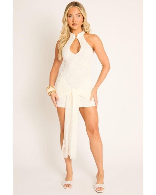 Rebellious Fashion Natural Lace High Neck Keyhole Tie Drape Mini Dress