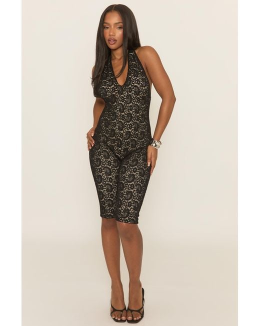 Rebellious Fashion Black Contrast Lace Halterneck Capri Jumpsuit