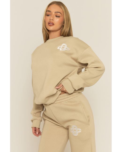 Rebellious Fashion Natural Contrast Motif Jumper And Joggers Loungewear Co-Ord Set