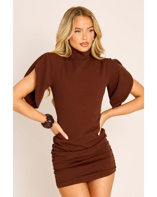 Rebellious Fashion Brown High Neck Ruched Mini Dress