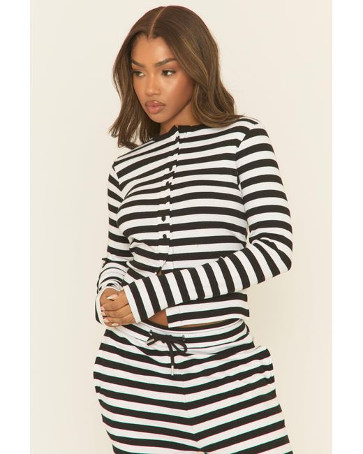 Rebellious Fashion Natural Stripe Button Front Long Sleeve Top And Trouser Loungewear Co-Ord Set