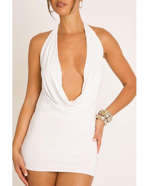 Rebellious Fashion White Cowl Halterneck Mini Dress