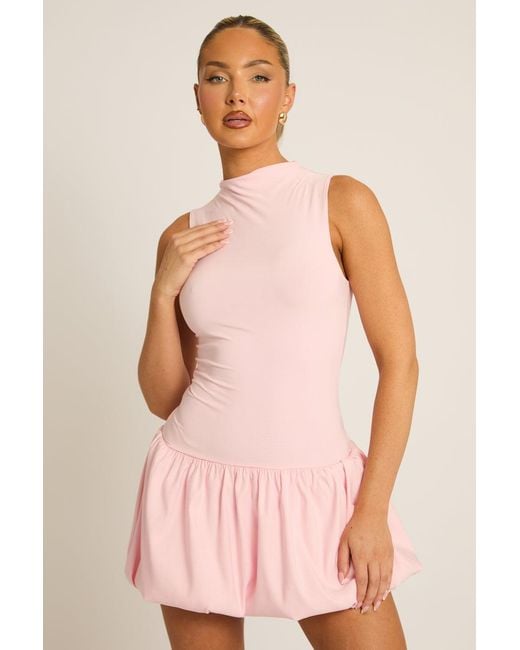 Rebellious Fashion Pink High Neck Puffball Mini Dress