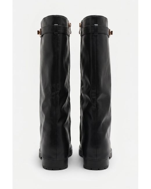 Rebellious Fashion Black Pu Trim Detail Layered Chunky Knee High Biker Boots
