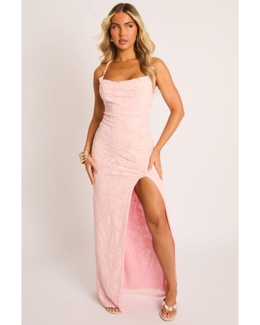 Rebellious Fashion Pink Burnout Floral Cowl Neck Maxi Dress