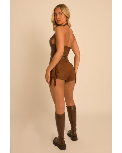 Rebellious Fashion Brown Faux Suede Tassel Micro Shorts