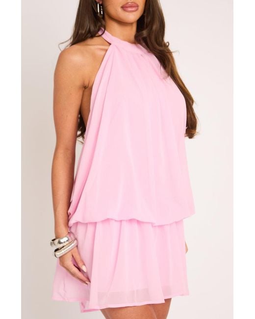 Rebellious Fashion Pink Halterneck Blouson Mini Dress