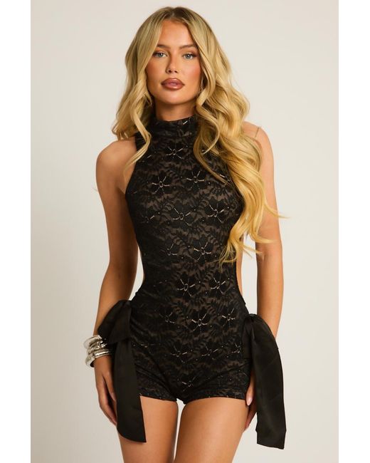 Rebellious Fashion Black Lace Cut Out Bow Detail Playsuit
