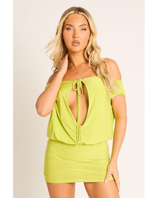 Rebellious Fashion Yellow Off Shoulder Keyhole Tie Front Mini Dress