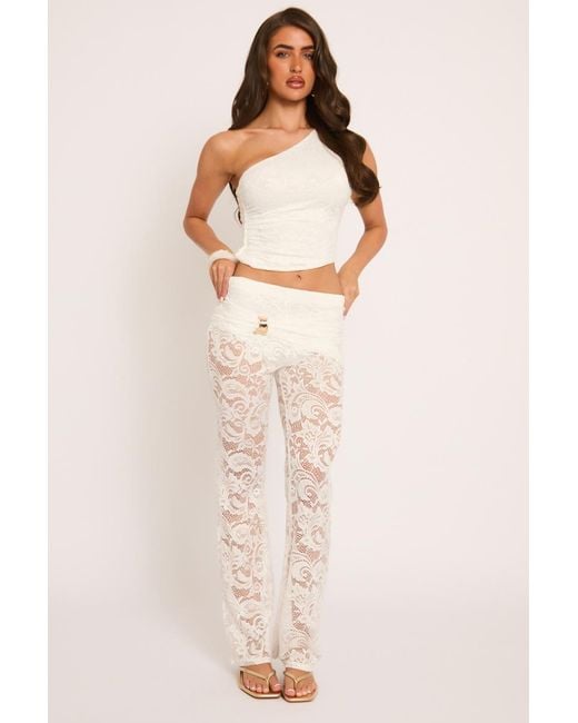 Rebellious Fashion Natural Lace Asymmetric Top And Trousers Co-Ord Set