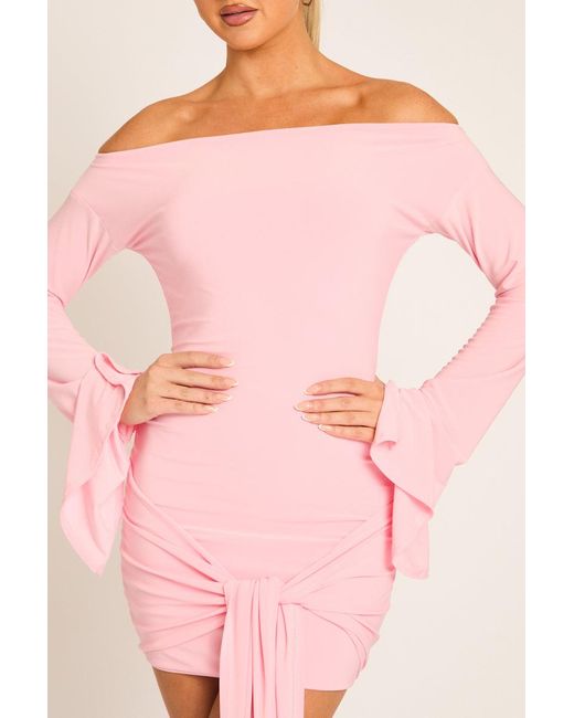 Rebellious Fashion Pink Long Flared Sleeves Drape Detail Bodycon Mini Dress