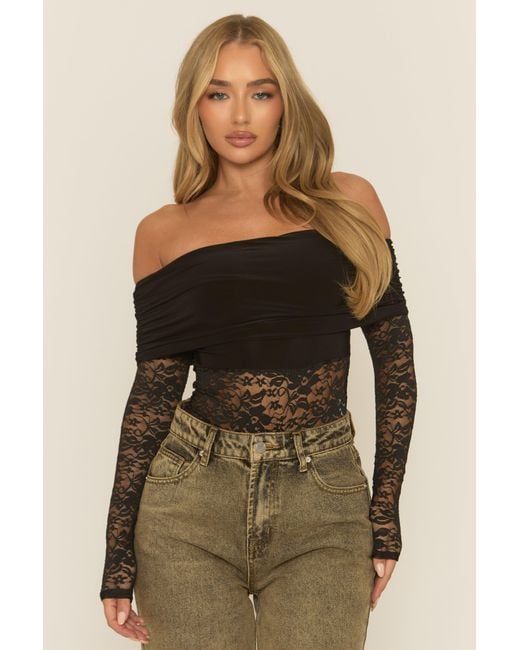 Rebellious Fashion Black Lace Bardot Bodysuit