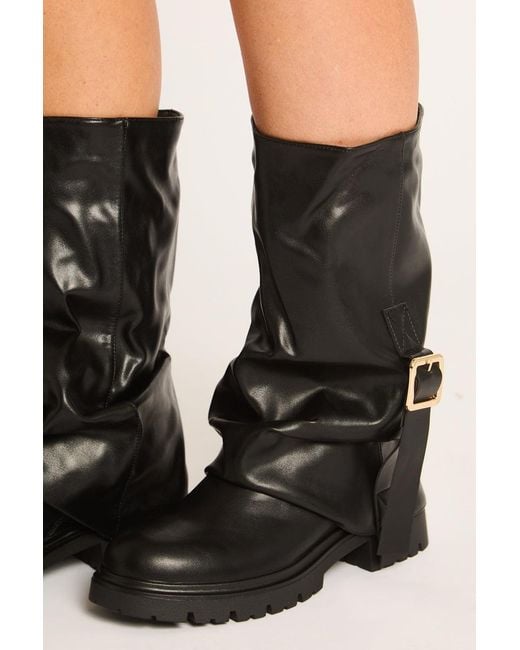 Rebellious Fashion Black Pu Slouchy Layered Buckle Long Biker Boots