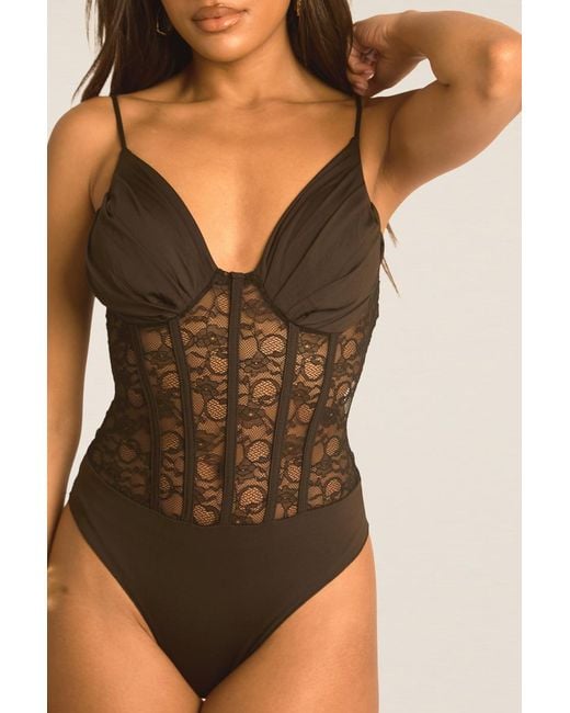 Rebellious Fashion Black Lace Corset Detail Bodysuit