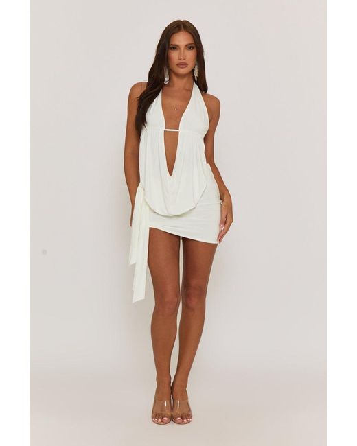 Rebellious Fashion White Plunge Neck Cowl Detail Top & Mini Skirt Co-Ord Set