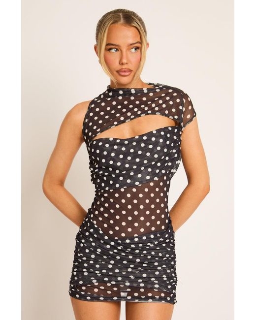 Rebellious Fashion Black One Shoulder Drape Mesh Mini Dress