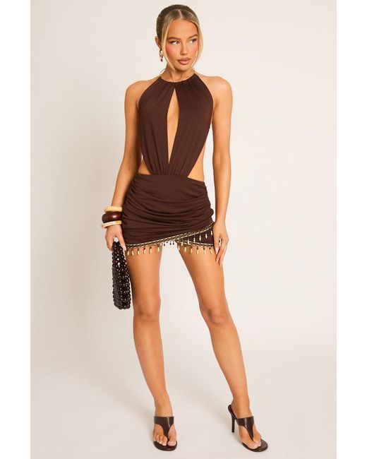 Rebellious Fashion Brown Bead Trim Mini Dress