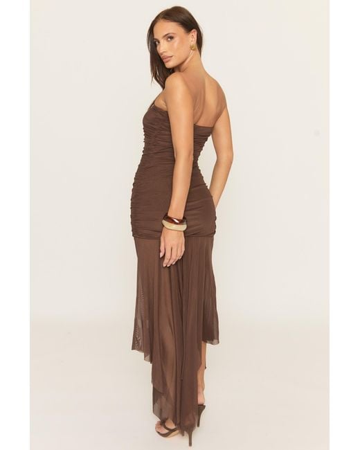 Rebellious Fashion Brown Bandeau Asymmetric Waterfall Hem Mesh Maxi Dress