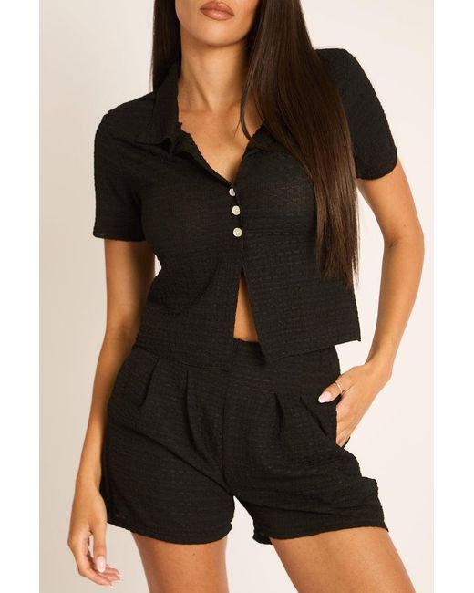 Rebellious Fashion Black Textured Short Sleeve Shirt And Shorts Co-Ord Set