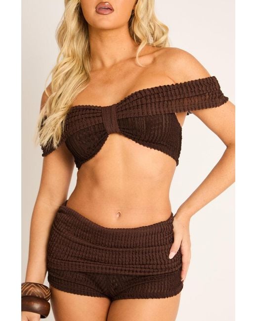 Rebellious Fashion Brown Textured Bardot Crop Top And Fold Over Shorts Co-Ord Set