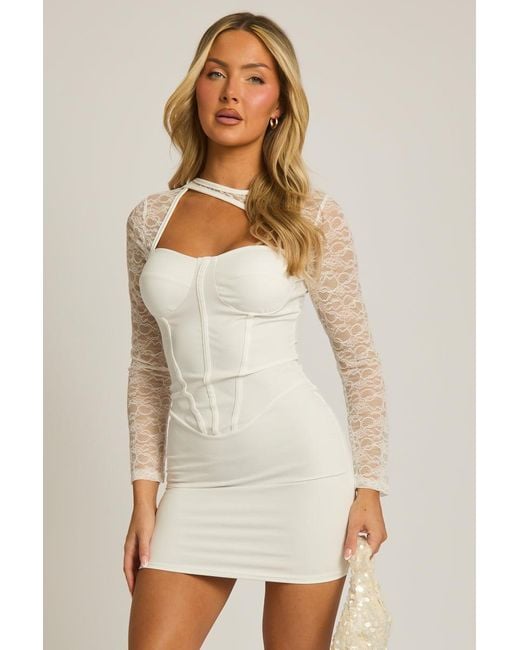Rebellious Fashion Natural Asymmetric Long Sleeve Corset Satin Mini Dress