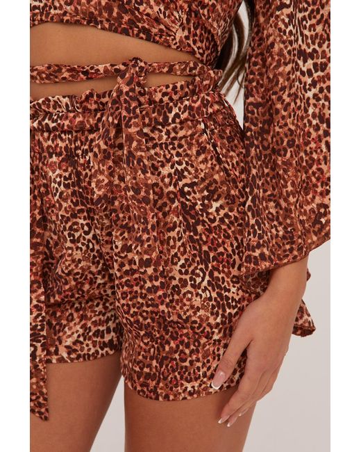 Rebellious Fashion Red Leopard Print Tie Waist Woven Shorts