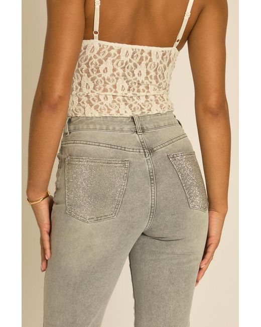 Rebellious Fashion Natural Stretch Hotfix Pocket Detail Jeans
