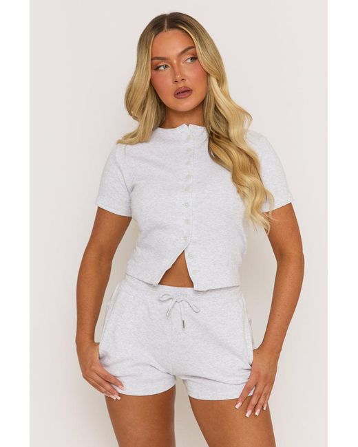 Rebellious Fashion White Marl Rib Button Front Top And Short Loungewear Co-Ord Set