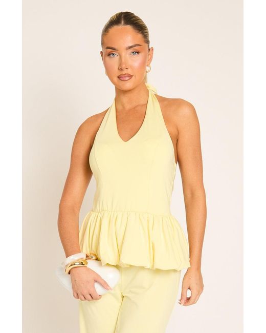 Rebellious Fashion Natural Halterneck Peplum Top And Wide Leg Trouser Co-Ord Set