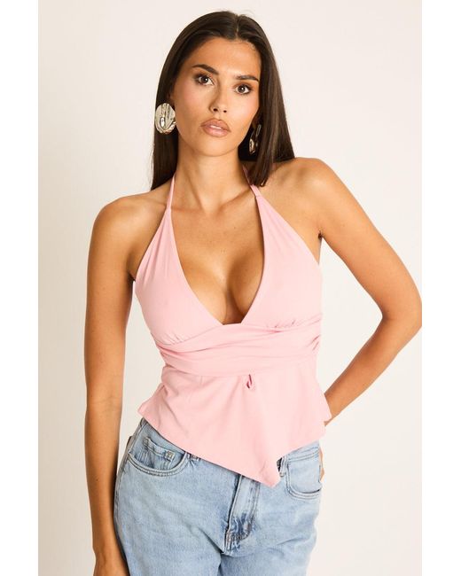 Rebellious Fashion Pink Plunge Halterneck Top