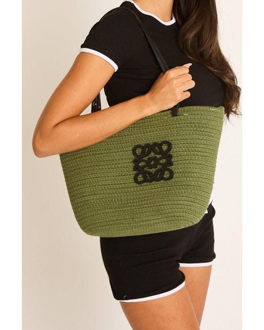 Rebellious Fashion Green Woven Logo Detail Beach Bag