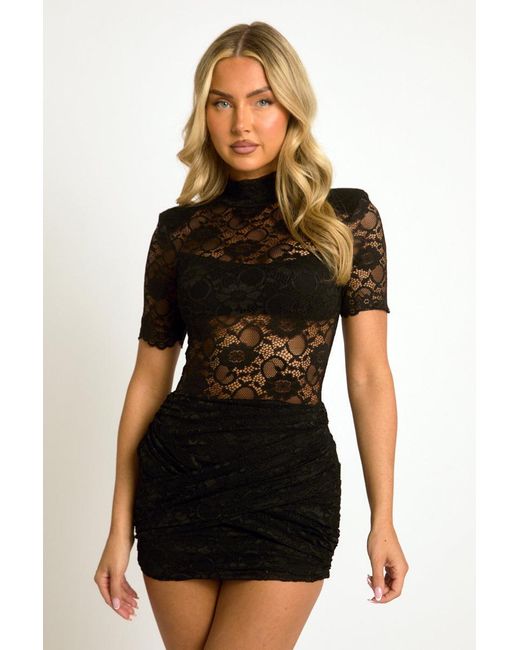 Rebellious Fashion Natural Lace High Neck Wrap Mini Dress