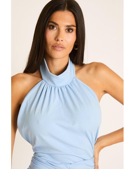 Rebellious Fashion Blue Tie Detail Ruched Halter Playsuit
