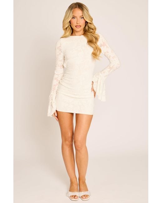Rebellious Fashion Natural Burnout Floral Flare Sleeve Mini Dress