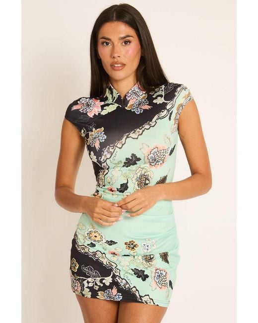 Rebellious Fashion Green Multi Floral High Neck Mini Dress