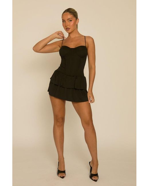 Rebellious Fashion Black Corset Detail Frill Hem Playsuit