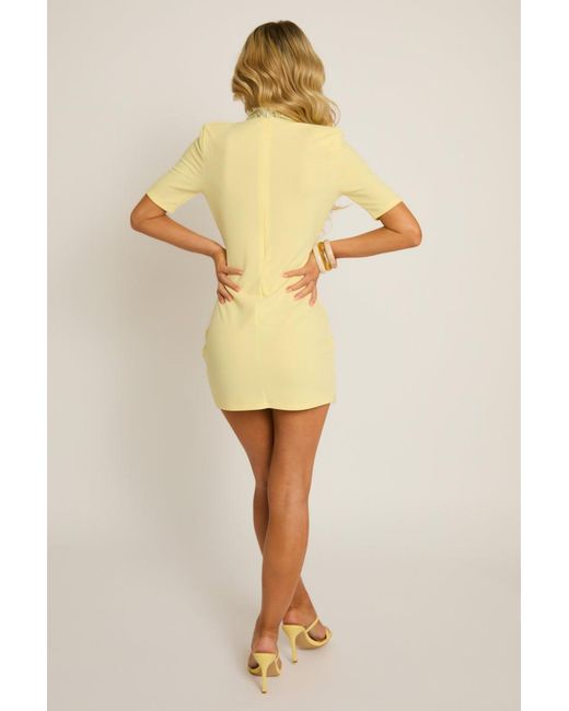 Rebellious Fashion Yellow Shoulder Pad Lace Trim Mini Dress