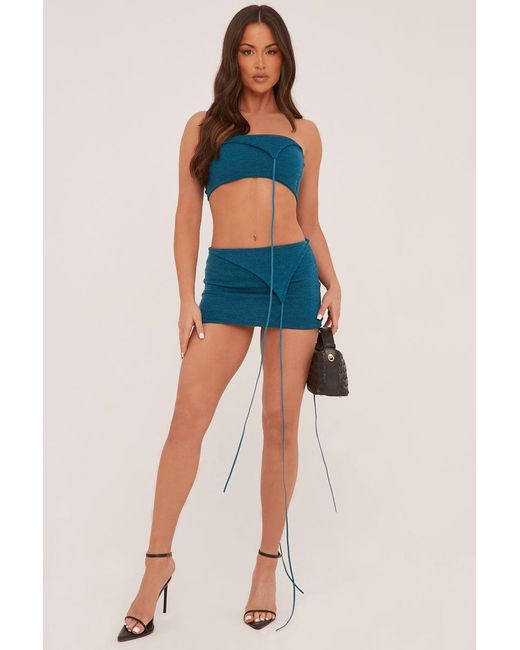 Rebellious Fashion Blue Asymmetric Tie Detail Cropped Top & Mini Skirt Co-Ord Set