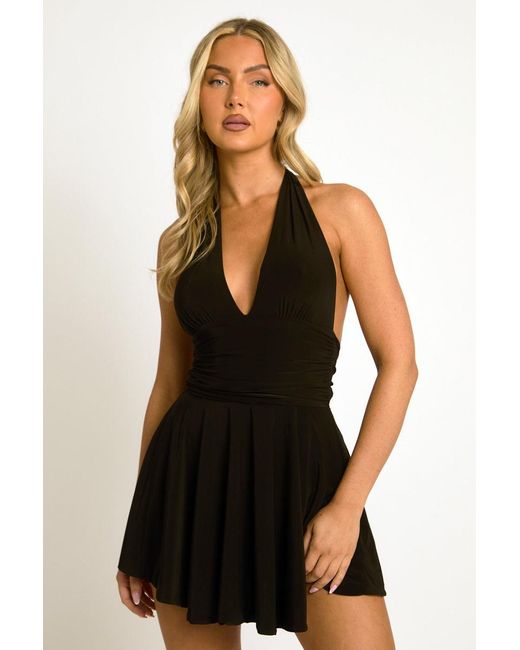 Rebellious Fashion Black Halter Plunge Neck Mini Dress