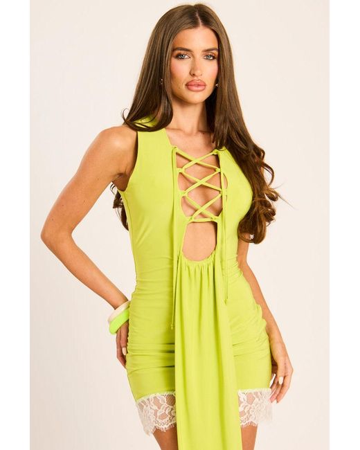 Rebellious Fashion Yellow Lace Detail Drape Mini Dress