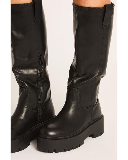 Rebellious Fashion Black Pu Chunky Sole Knee High Boots