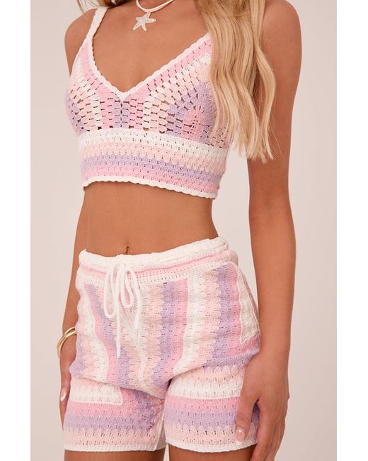 Rebellious Fashion Pink Multi Abstract Crochet Crop Top & Shorts Co-Ord Set